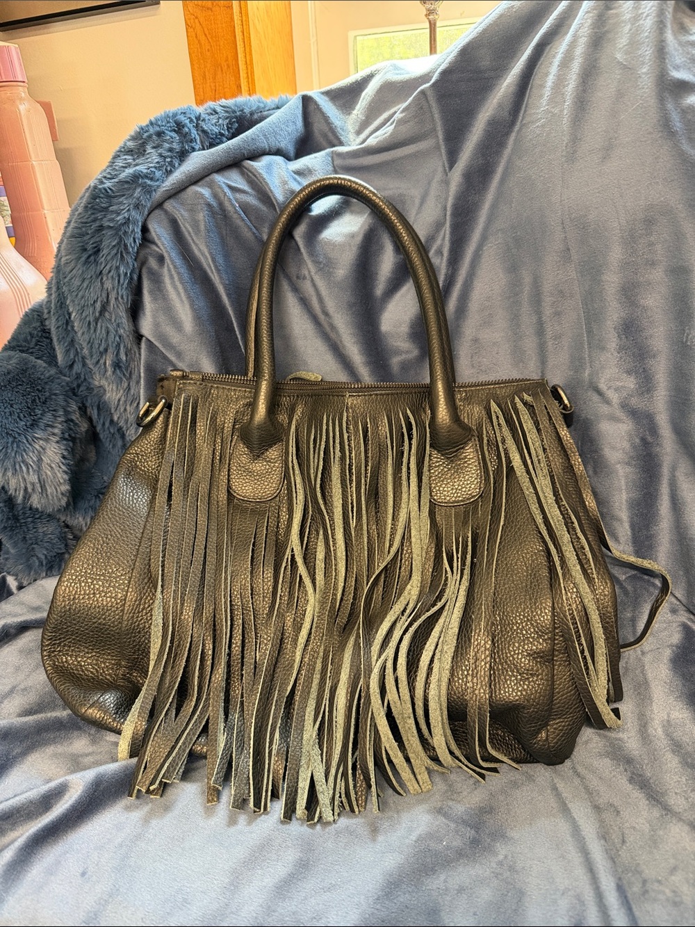 Alberta Di Canio Black Leather Fringe Shoulder Bag